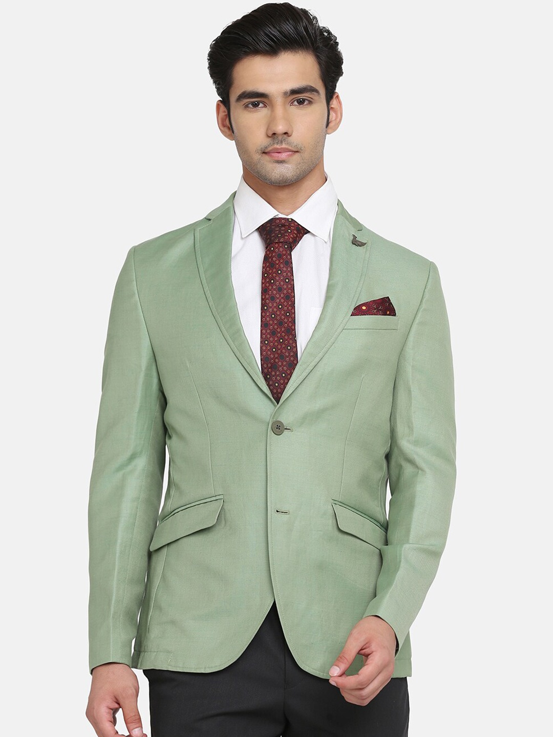 

Blackberrys Men Olive Green Solid Single-Breasted Slim-Fit Formal Blazer