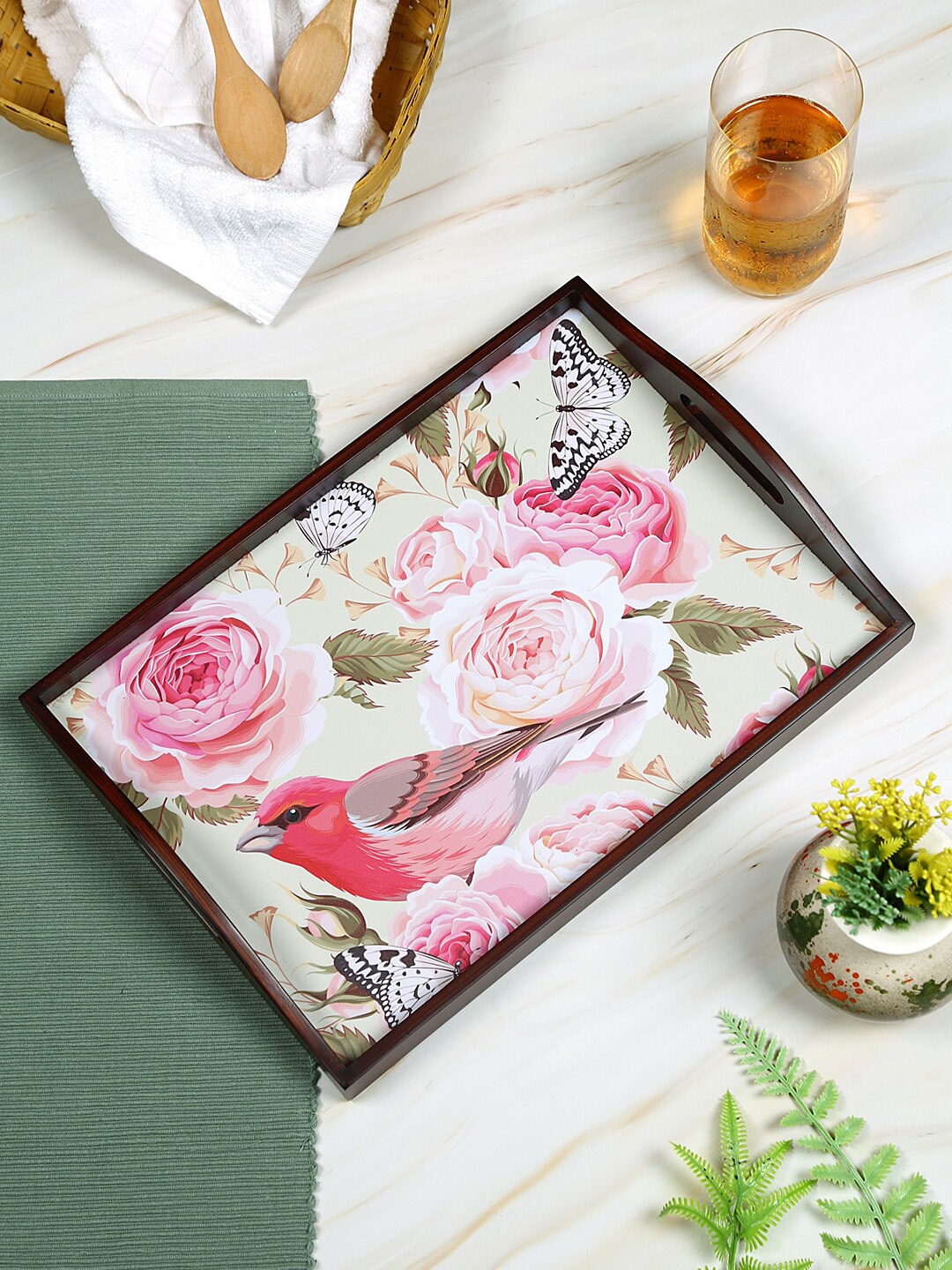 

Reinvention Factory Brown & Pink Vintage Roses & Birds Printed Teak Wood Serving Tray