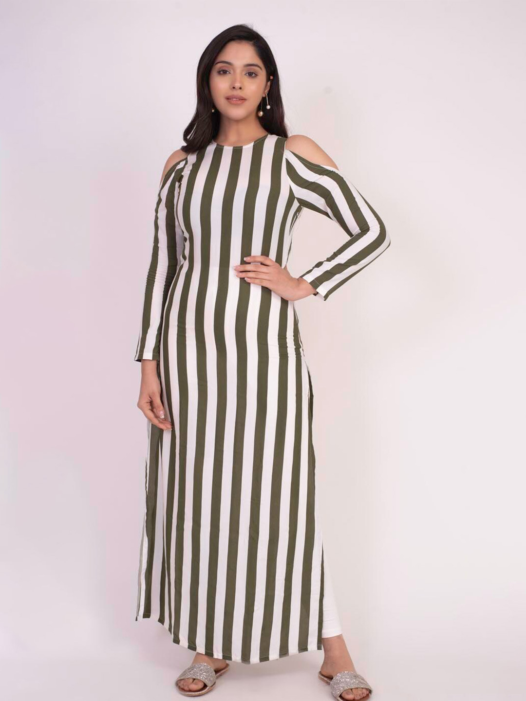 

KHUMAAR Shuchi Bhutani Olive Green & White Striped Cold-Shoulder Sleeves Kurti