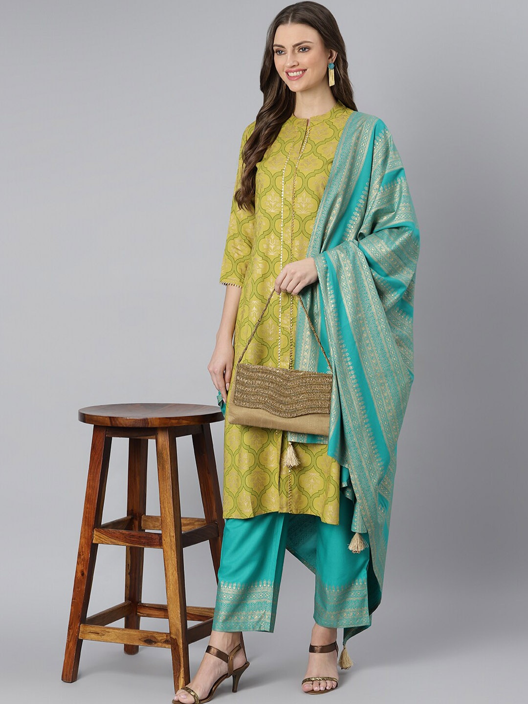 

Khushal K Women Turquoise Blue Ethnic Motifs Printed Gotta Patti Kurta with Trousers & With Dupatta