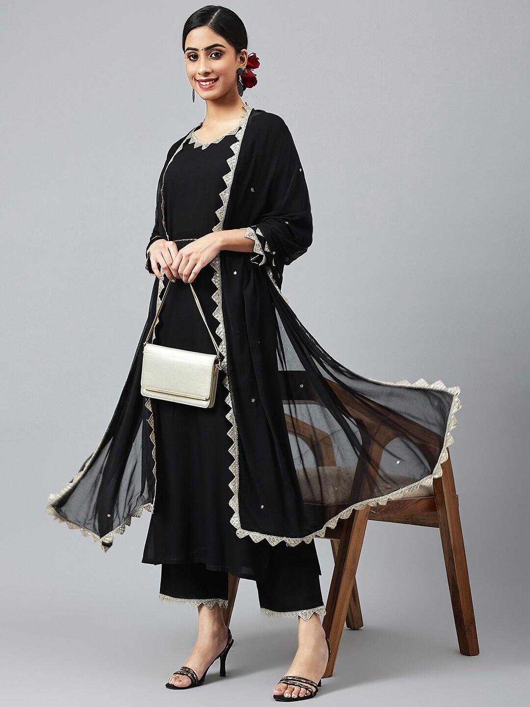 

Khushal K Women Black Sequinned Kurta with Trousers & With Dupatta