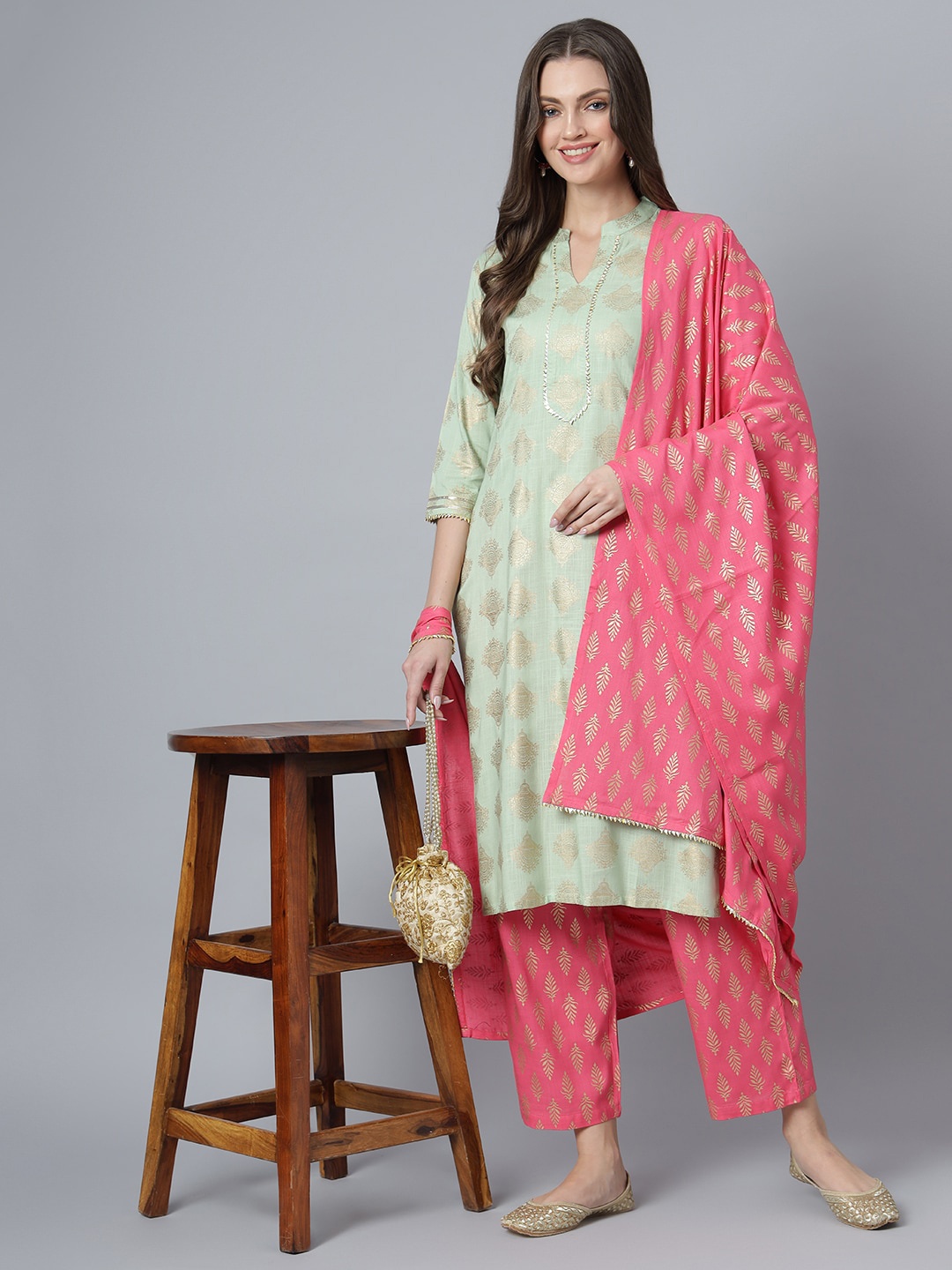 

Khushal K Women Green Ethnic Motifs Printed Gotta Patti Kurta with Palazzos & With Dupatta