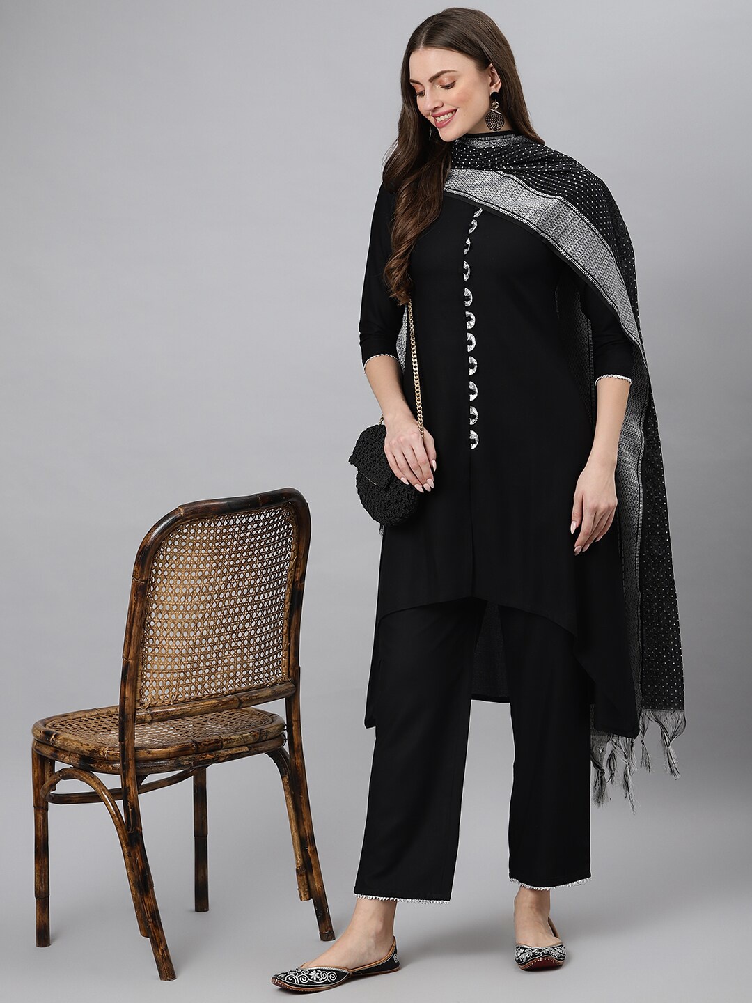 

Khushal K Women Black Kurta with Trousers & With Dupatta