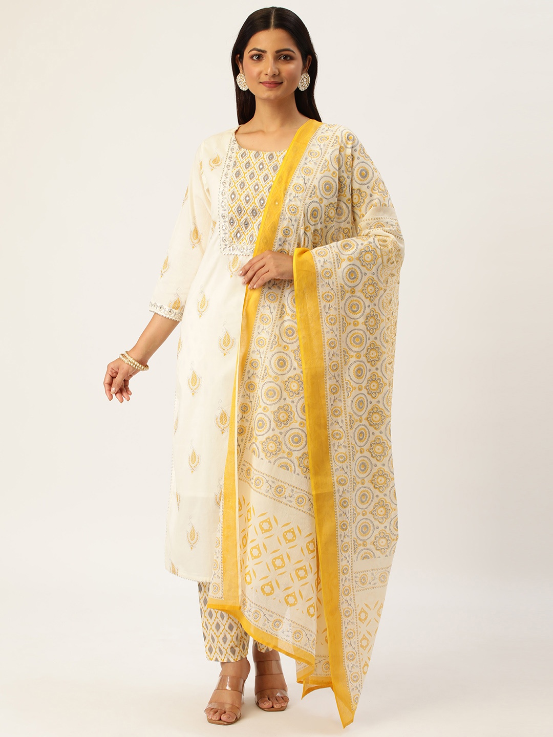 

HEEPOSH White & Yellow Printed Pure Cotton Kurta with Trousers & Dupatta