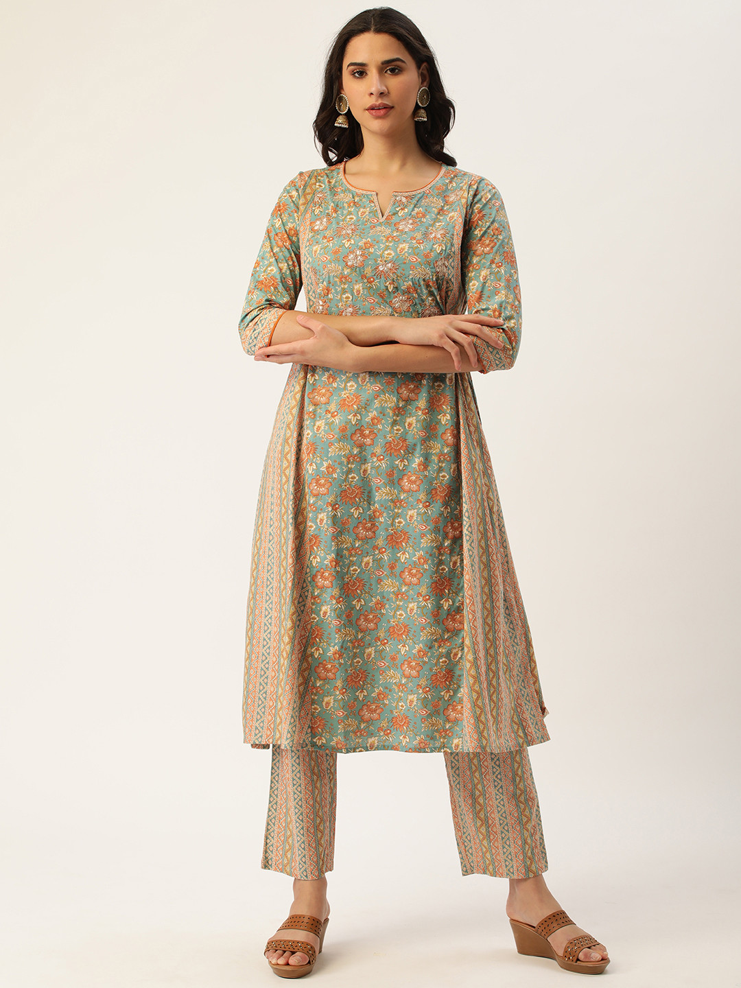 

HEEPOSH Women Orange Floral Printed Zari Work Angrakha Pure Cotton Kurta with Trousers