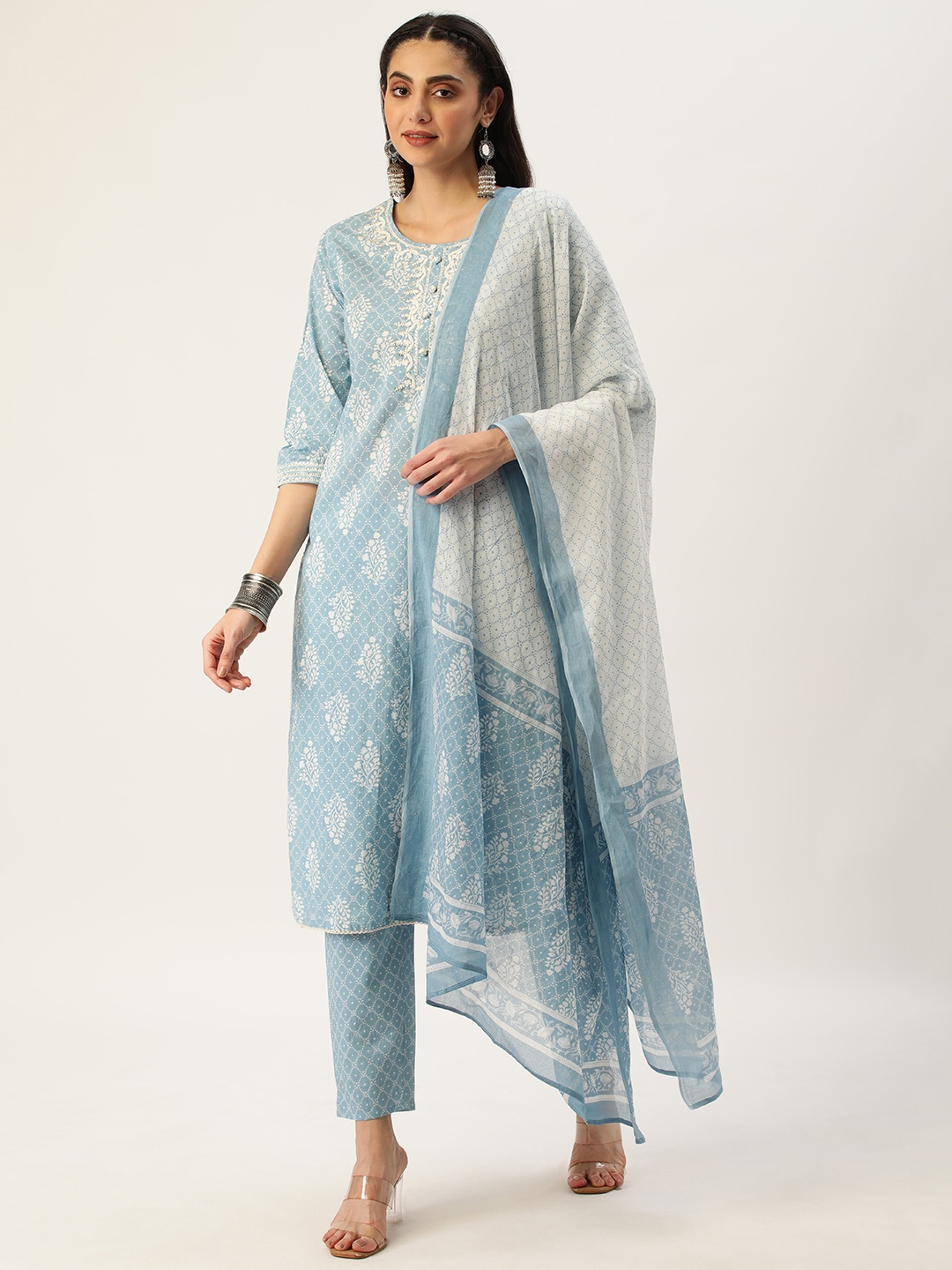 

HEEPOSH Blue & White Floral Printed Pure Cotton Kurta with Trousers & Dupatta