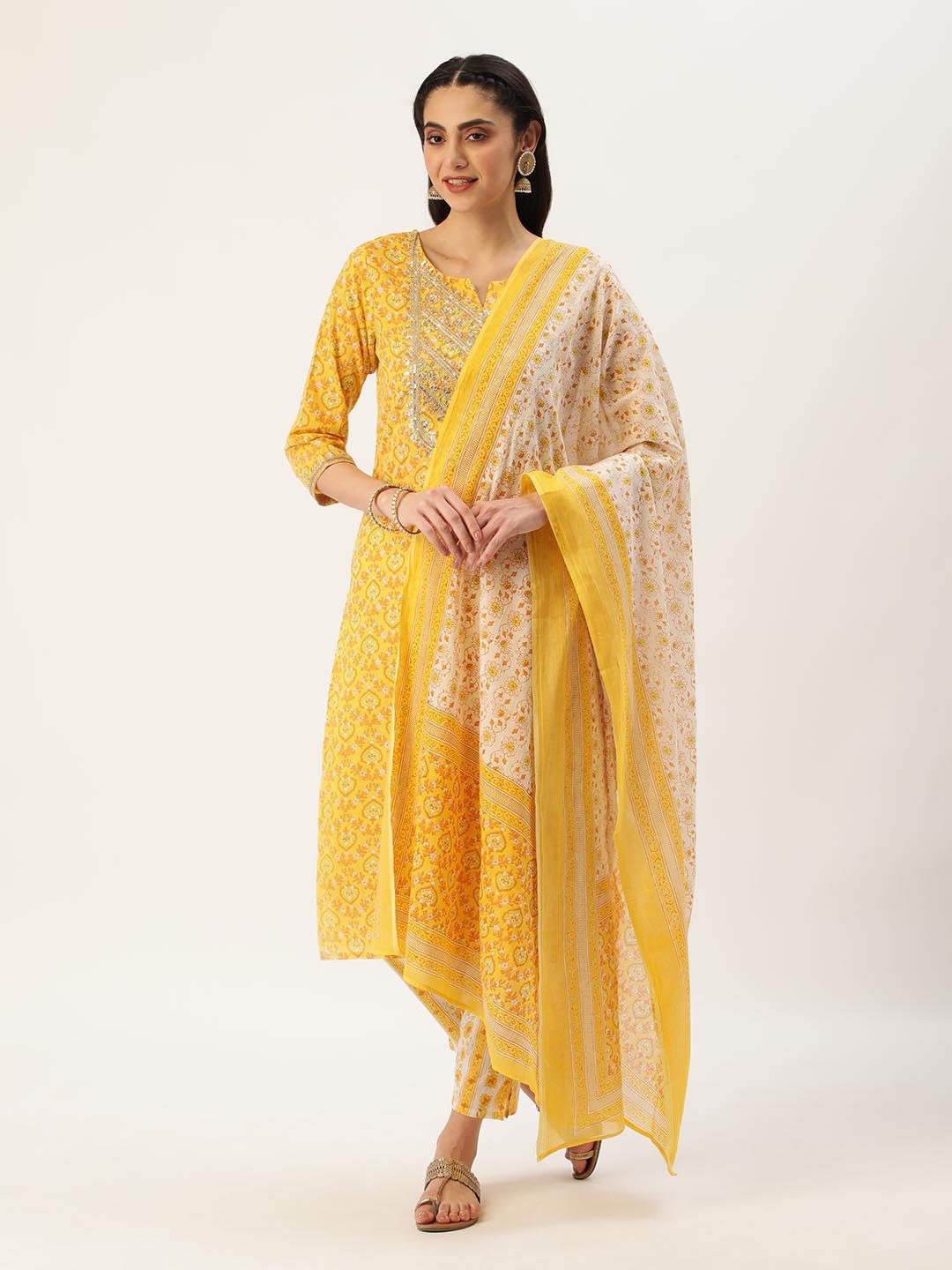 

HEEPOSH Yellow & White Floral Printed Pure Cotton Kurta with Trousers & Dupatta