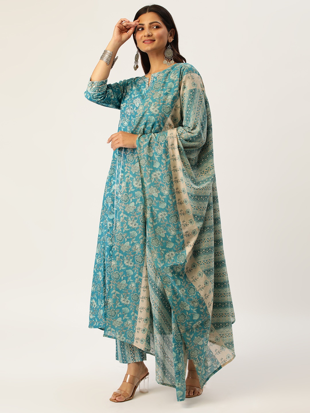 

HEEPOSH Women Turquoise Blue Floral Pleated Pure Cotton Kurta with Trousers & Dupatta