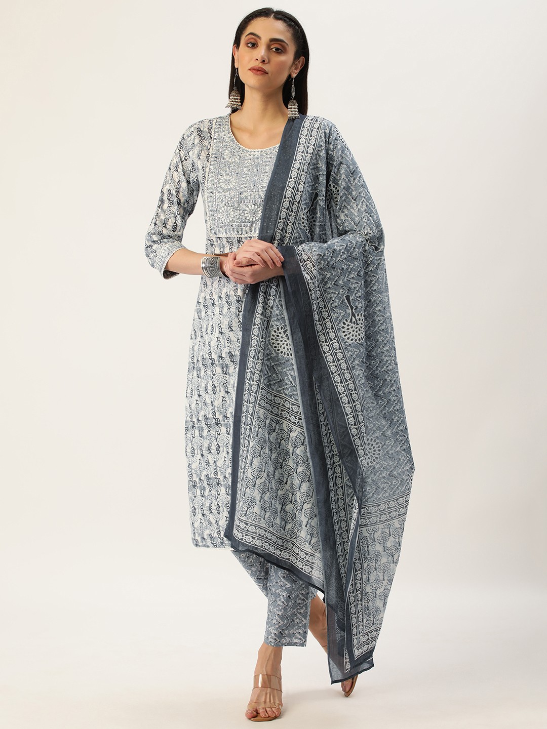

HEEPOSH Grey & White Printed Pure Cotton Kurta with Trousers & Dupatta