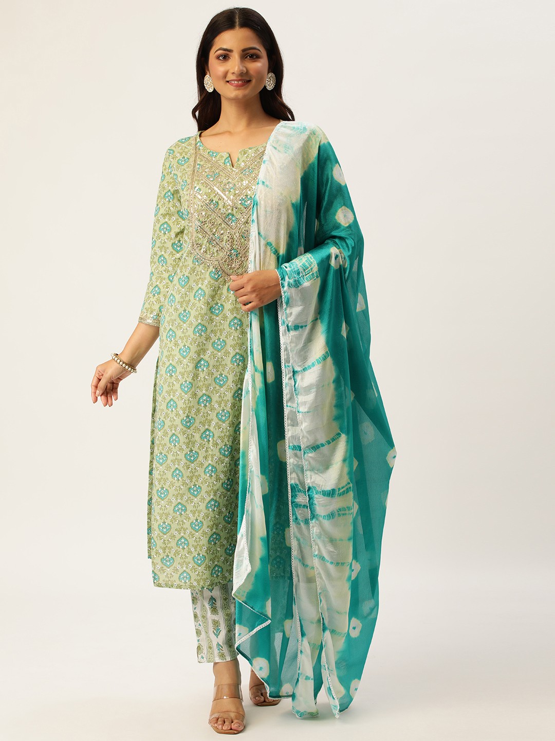 

HEEPOSH Green & Blue Floral Printed Pure Cotton Kurta with Trousers & Dupatta