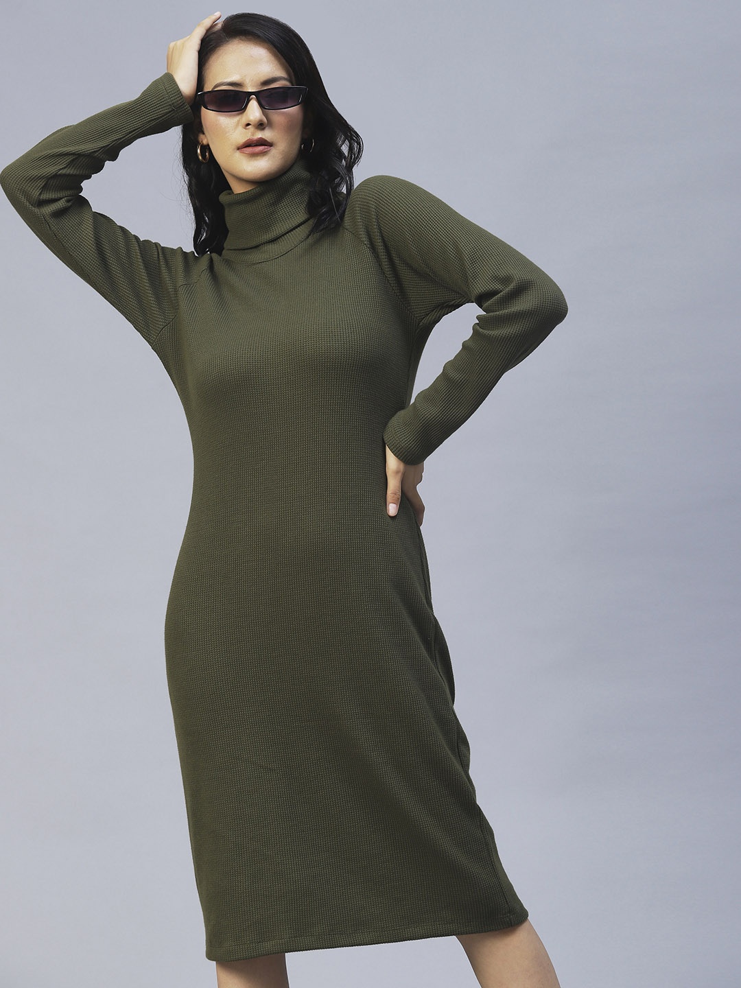 

Rigo Olive Green High Neck Waffle Knit Cotton Jumper Dress