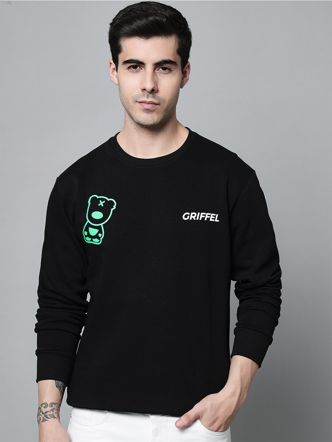 

GRIFFEL Men Black Fleece Printed Sweatshirt