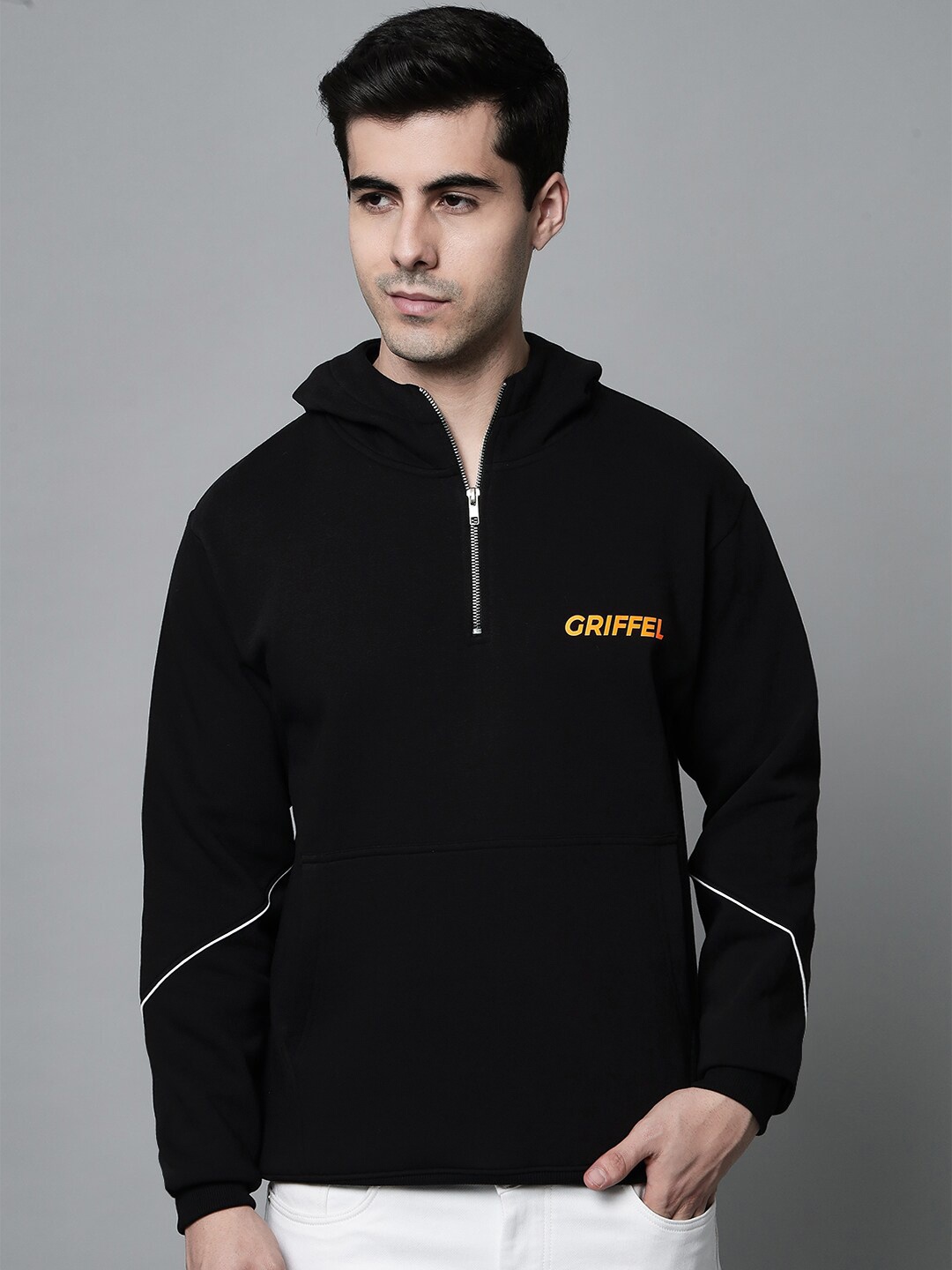 

GRIFFEL Men Black Fleece Printed Hooded Sweatshirt