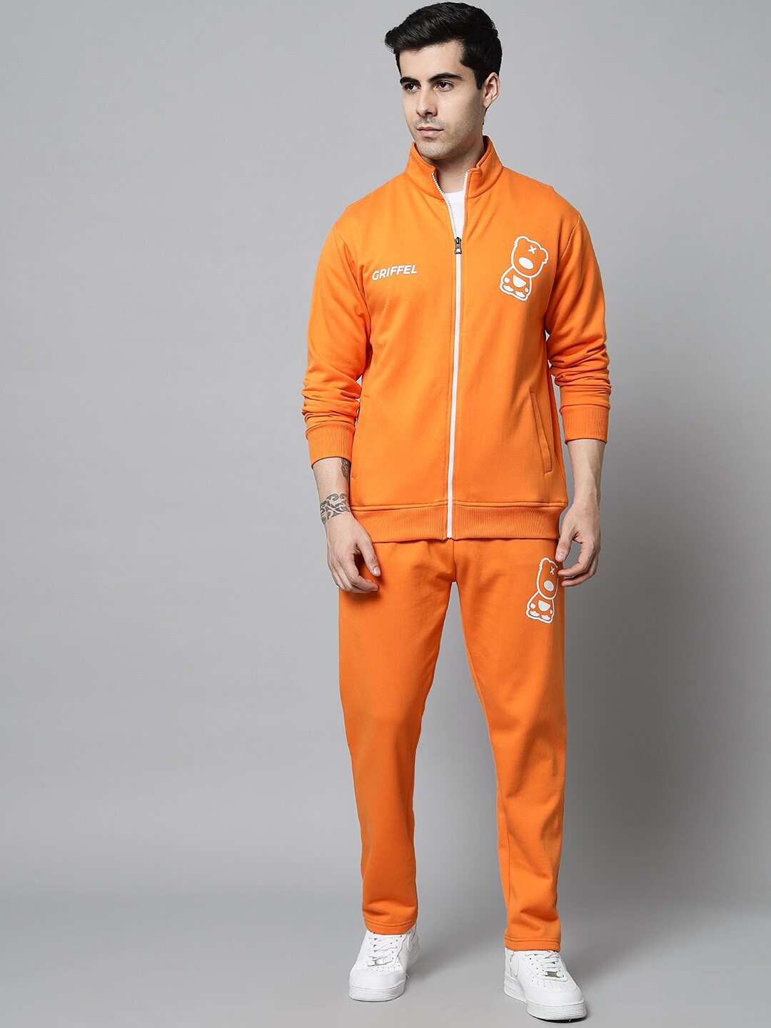 

GRIFFEL Men Orange-Colored Fleece Printed Tracksuit