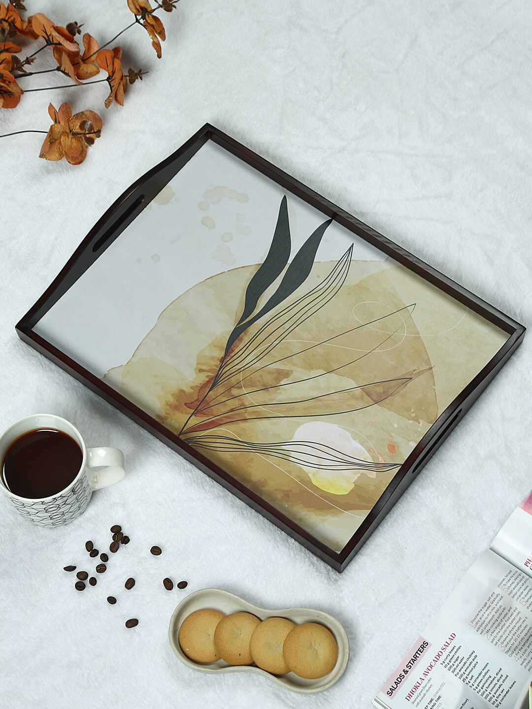 

Reinvention Factory Brown Autumn Printed Teak Wood Serving Tray