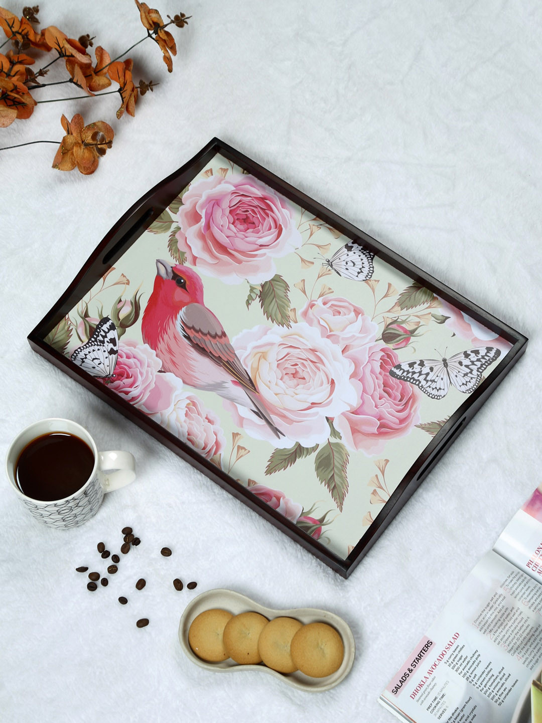 

Reinvention Factory Brown & Pink Vintage Roses & Birds Printed Teak Wood Serving Tray