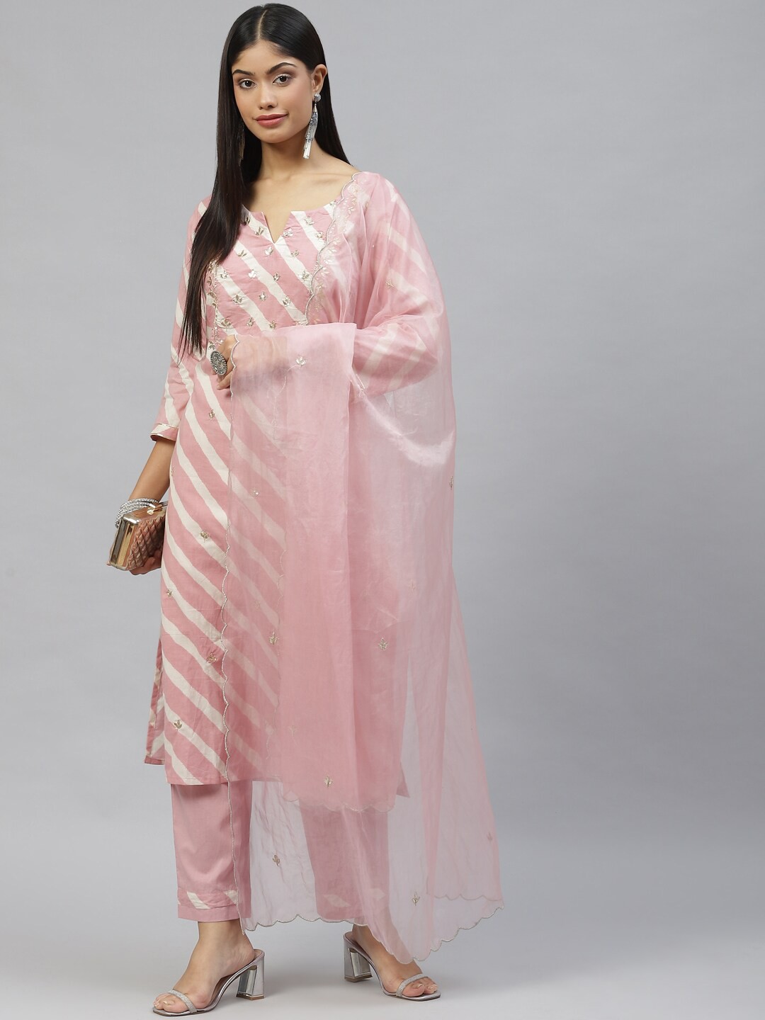 

Divena Women Pink Leheriya Printed Gotta Patti Pure Cotton Kurta with Trousers & With Dupatta