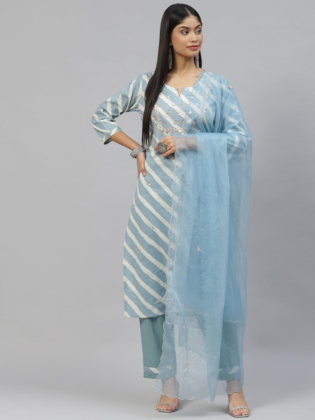 

Divena Women Blue Leheriya Printed Gotta Patti Pure Cotton Kurta with Trousers & With Dupatta