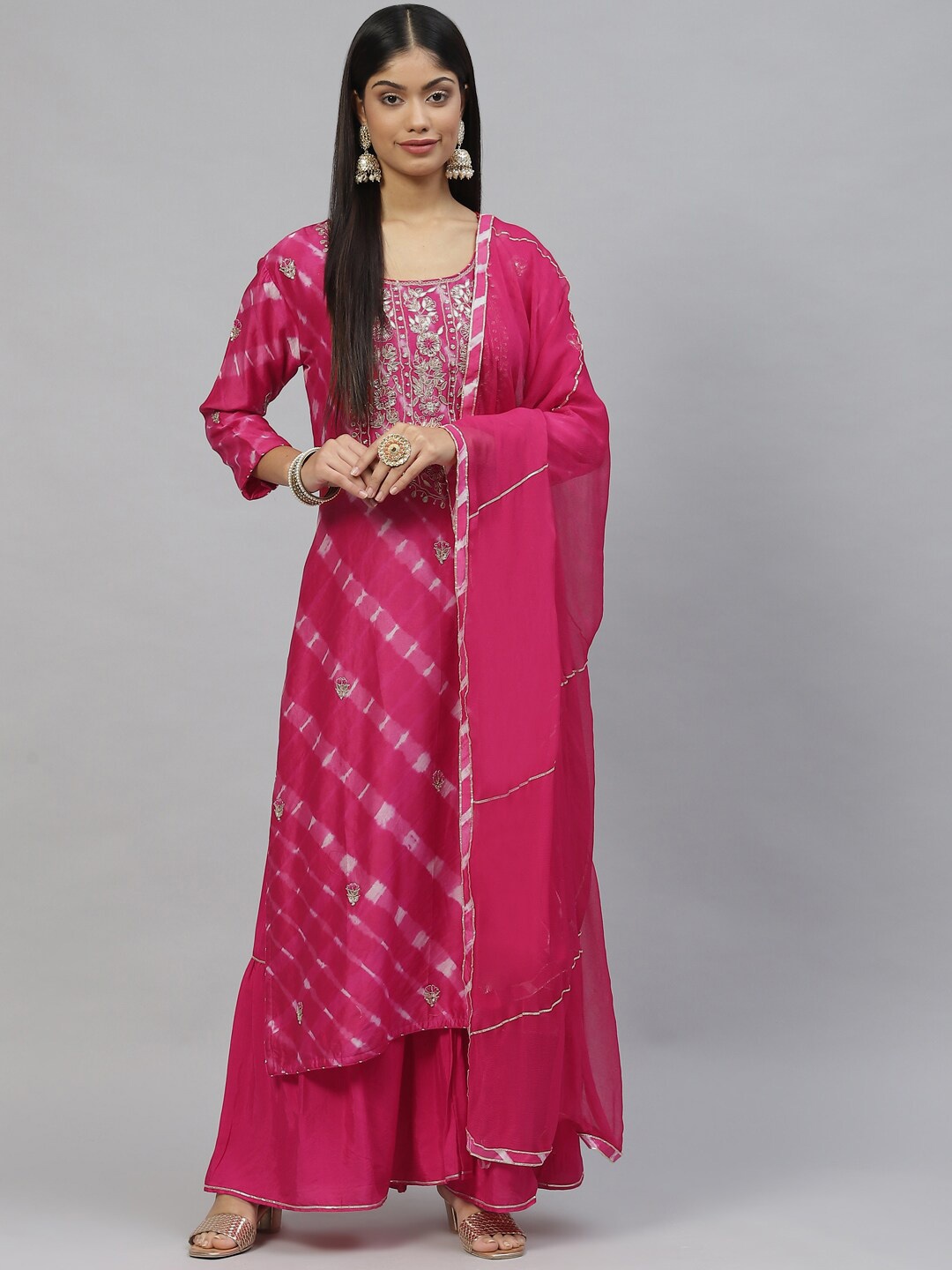 

Divena Women Pink Floral Embroidered Zardozi Chanderi Silk Kurta with Sharara & With Dupatta