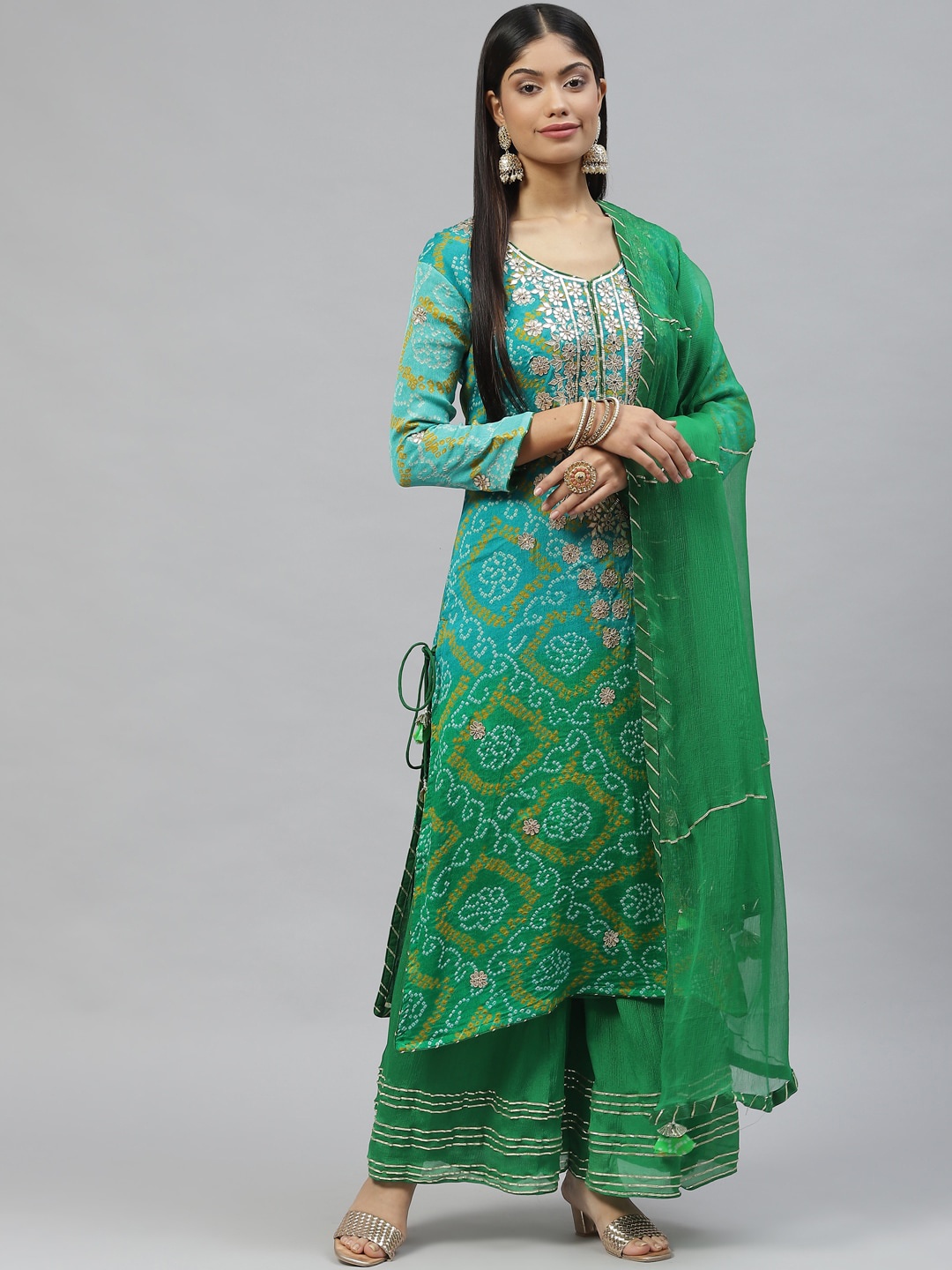 

Divena Women Green Bandhani Printed Zardozi Kurta with Palazzos & With Dupatta