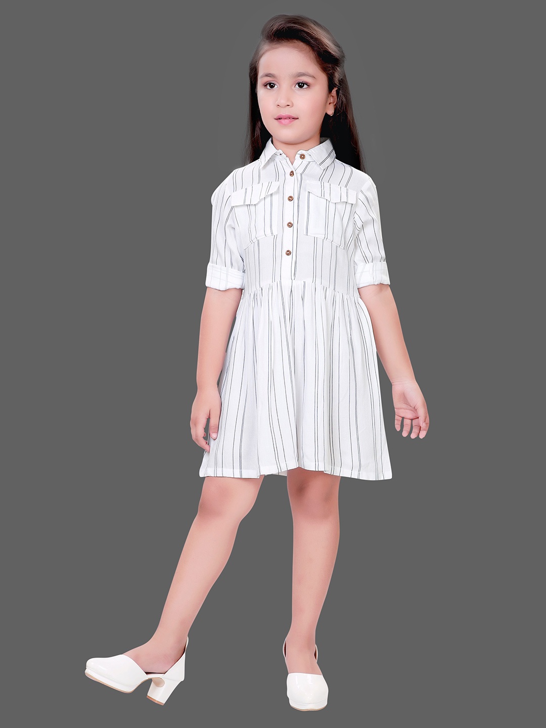 

Hunny Bunny Girls Striped Fit and Flare Cotton Dress, White