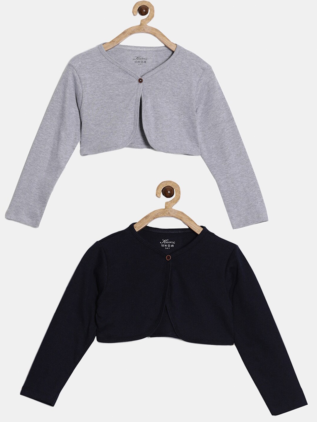 

Kryptic Girls Grey Melange & Navy Blue Cotton Crop Shrug