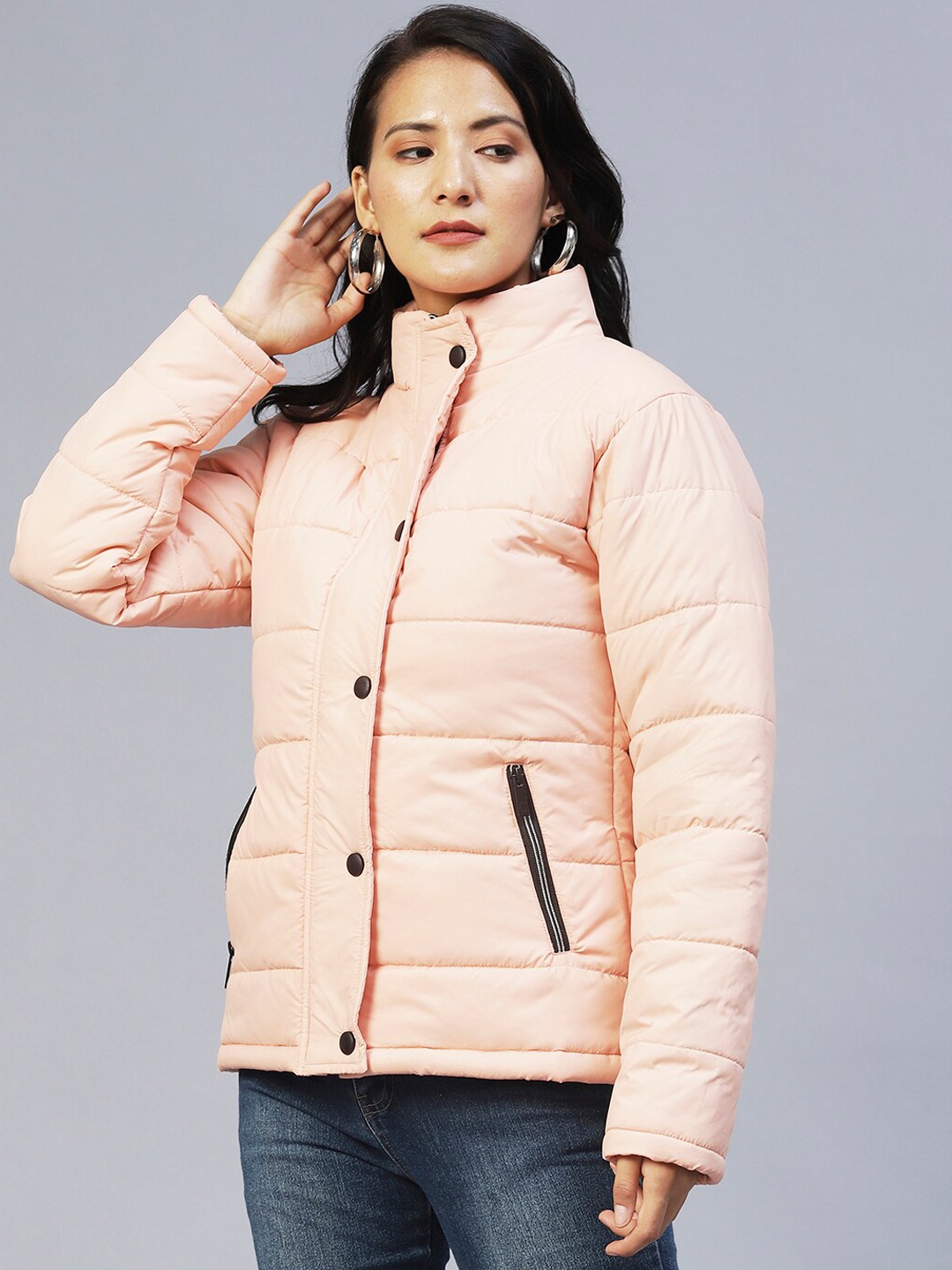 

Rigo Women Peach-Coloured Lightweight Crop Outdoor Puffer Jacket