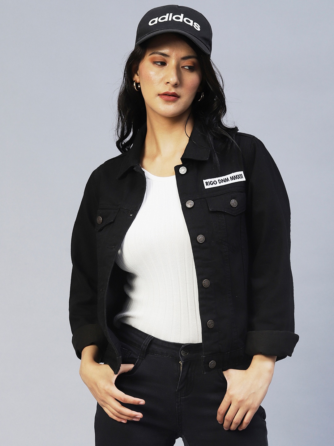 

Rigo Women Black Striped Lightweight Outdoor Denim Jacket