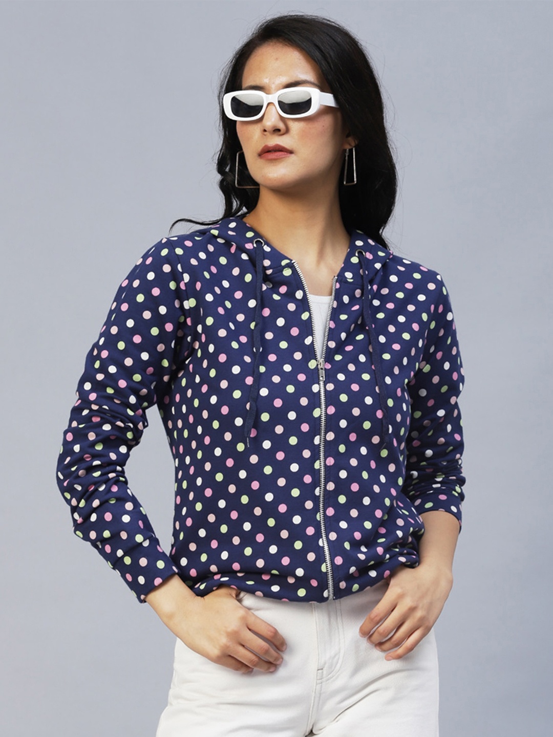 

Rigo Women Navy-Blue Polka Dots Lightweight Hooded Cotton Outdoor Tailored Jacket