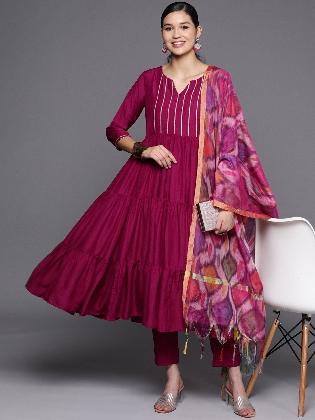 

Inddus Women Magenta Striped Tiered Gotta Patti Kurta with Trousers & Dupatta