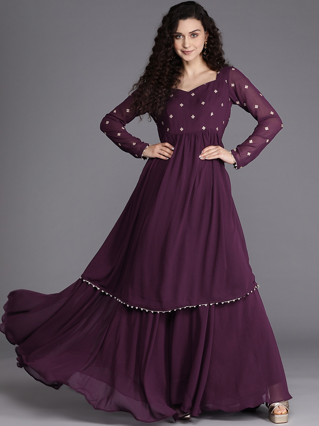 

Inddus Burgundy Zari Embroidered Georgette Ethnic Gown