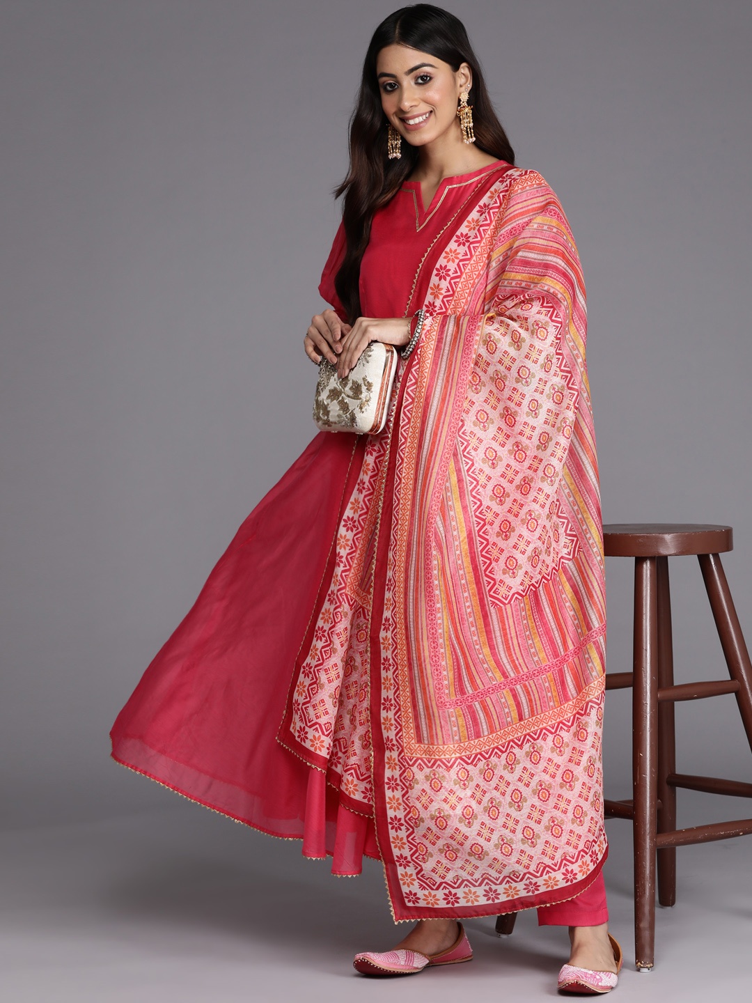 

Inddus Women Pink Printed Gotta Patti Chanderi Cotton Kurta with Trousers & With Dupatta