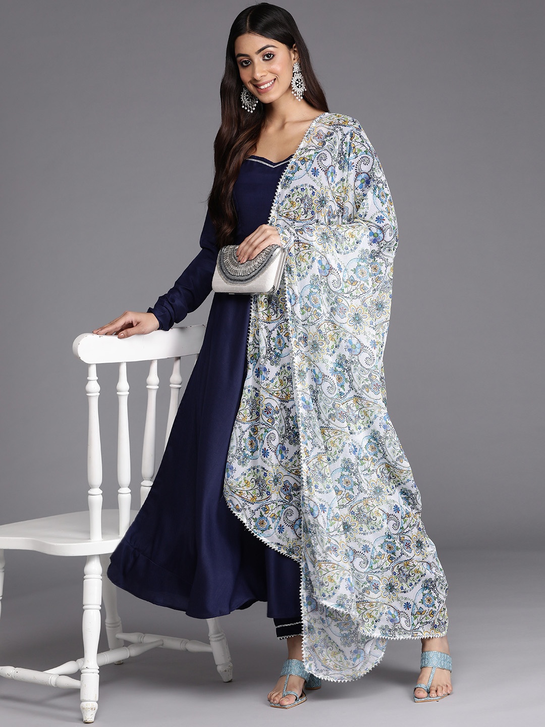 

Inddus Women Navy Blue Printed Pleated Gotta Patti Kurta with Trousers & With Dupatta