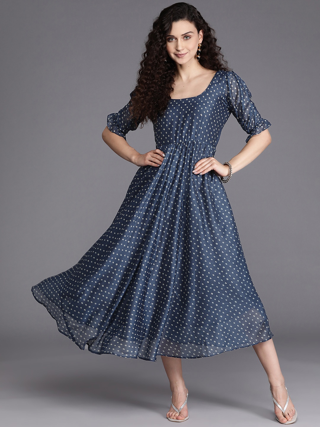 

Inddus Blue & White Bandhani Printed Fit & Flare Midi Dress