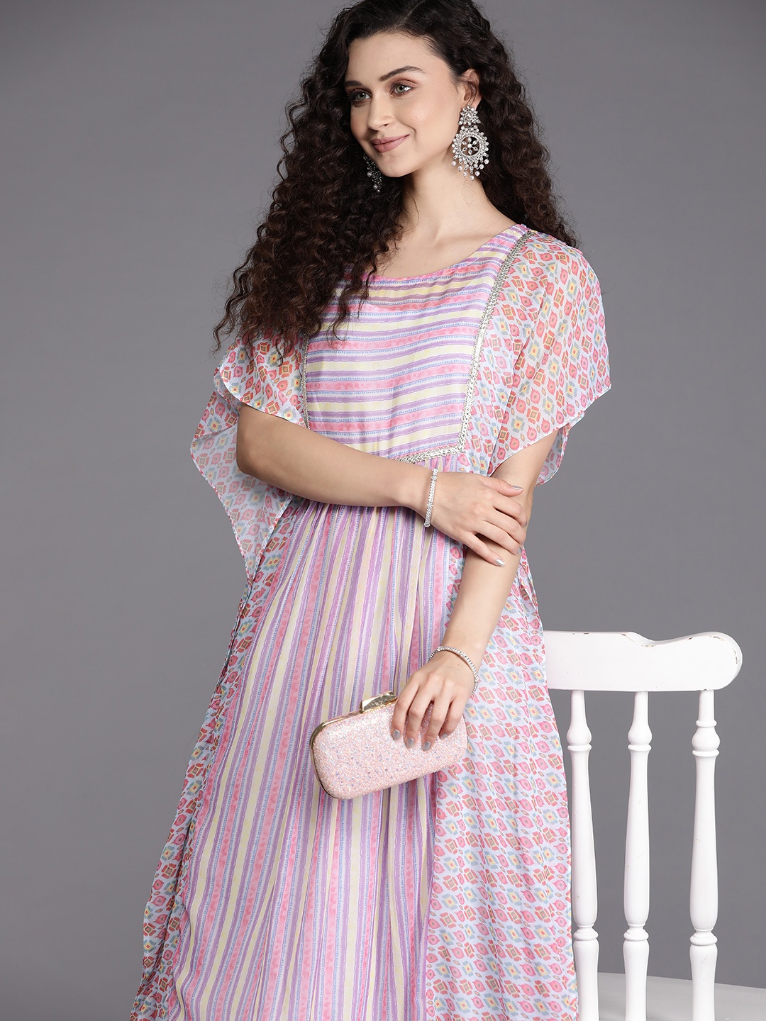 

Inddus Pink & White Striped Chiffon Ethnic Kaftan Midi Dress