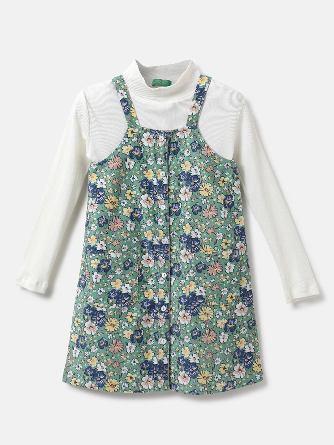 

United Colors of Benetton Girls Green & White Printed T-shirt with Skirt