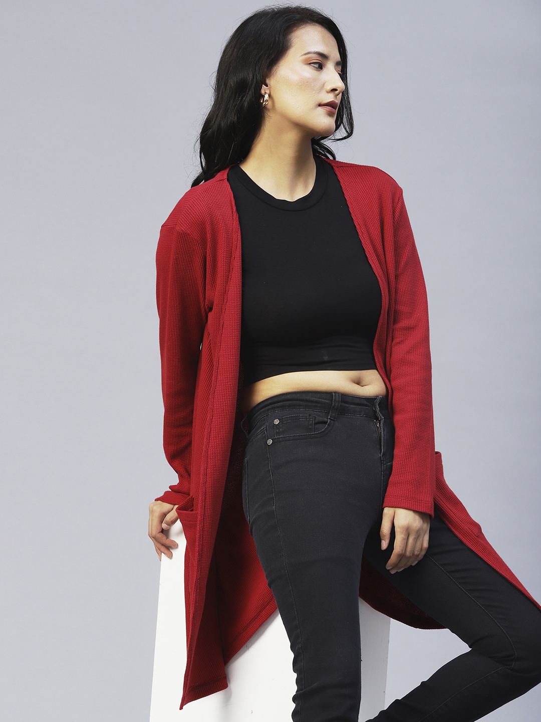 

Rigo Open Front Cotton Longline Shrug, Maroon