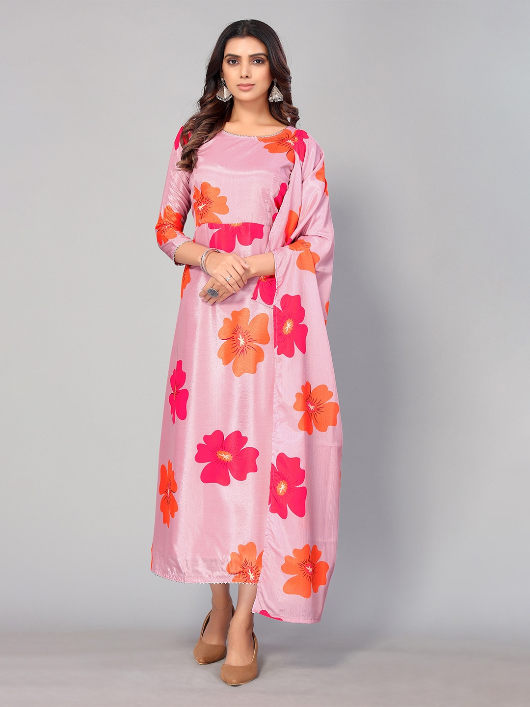 

AA-HA Lavender Floral Printed Gotta Patti Empire Anarkali Kurti