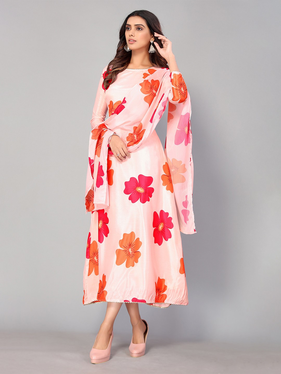 

AA-HA!! Floral Printed Boat neck Silk Kurta, Pink