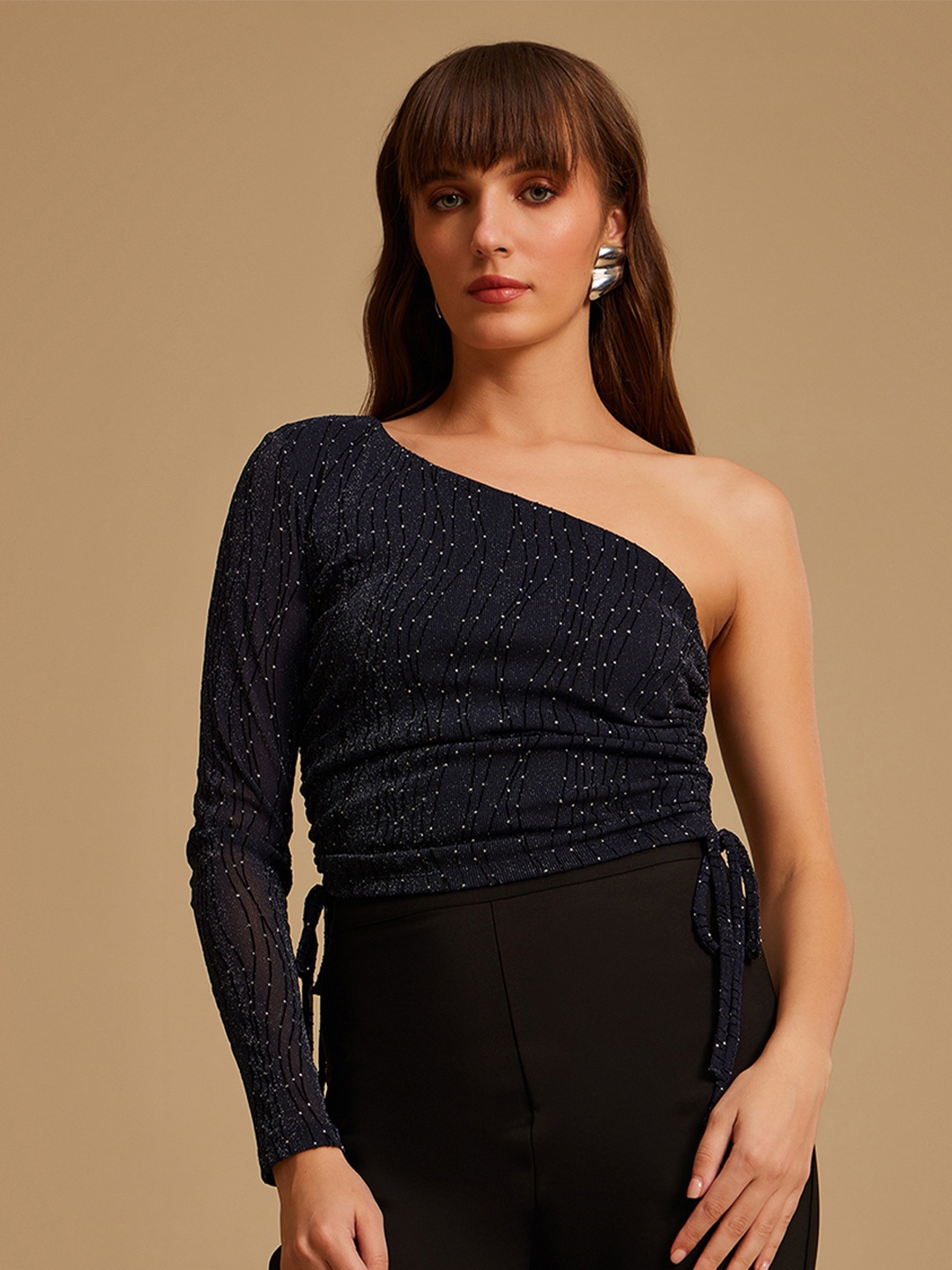 

Kazo Women Navy Blue One Shoulder Top