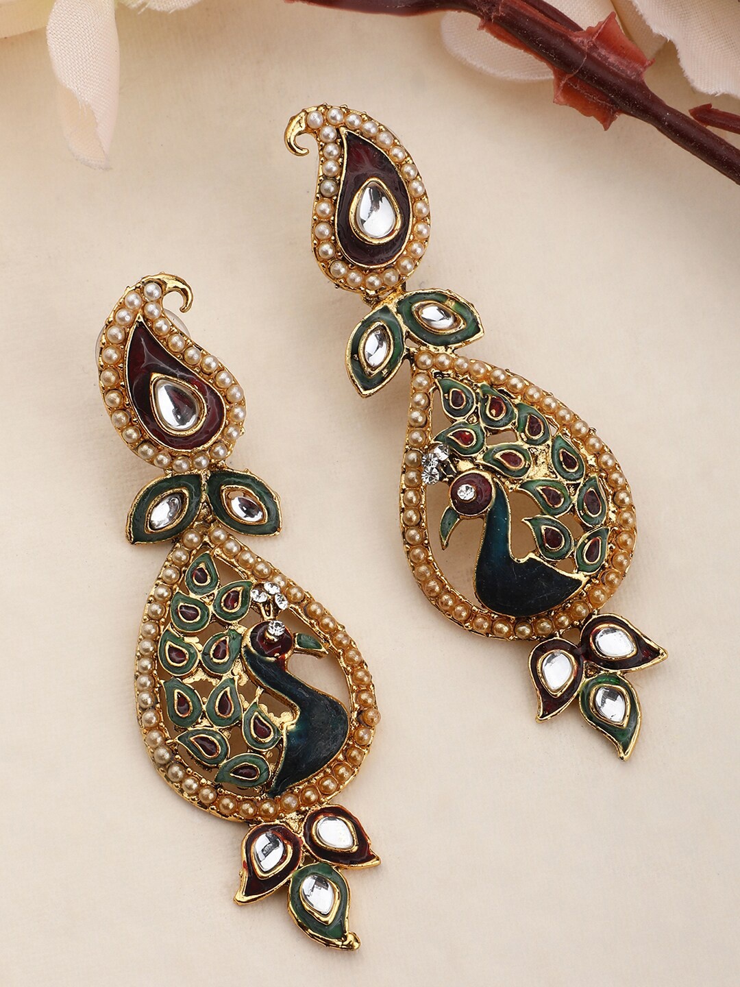 

ANIKAS CREATION Women Gold Plated Maroon & Green Peacock Shaped Meenakari Drop Earrings