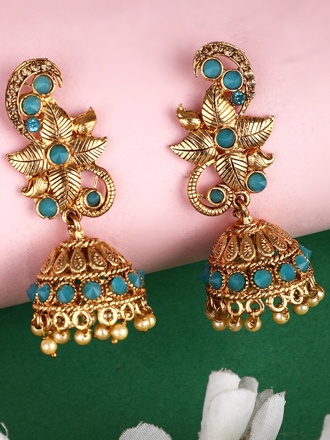

ANIKAS CREATION Turquoise Blue Gold-Plated Contemporary Jhumkas Earrings