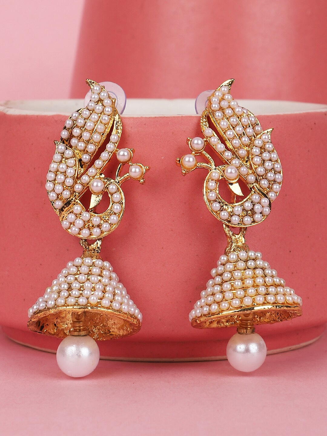 

ANIKAS CREATION Off White Gold-Plated Contemporary Jhumkas Earrings