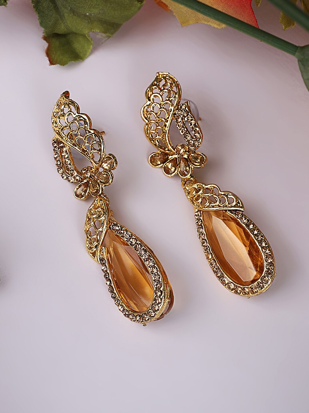 

ANIKAS CREATION Brown Gold Plated Contemporary Drop Earrings