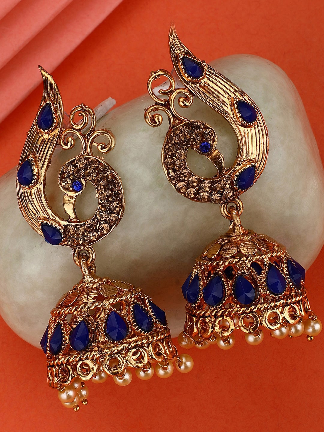 

ANIKAS CREATION Blue Gold-Plated Contemporary Jhumkas Earrings
