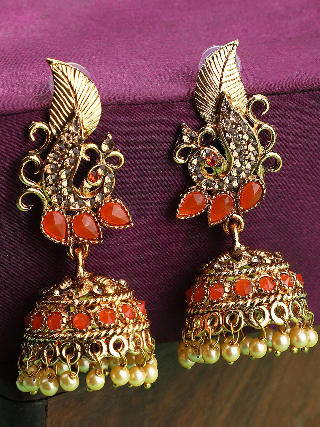 

ANIKAS CREATION Orange Gold-Plated Contemporary Jhumkas Earrings