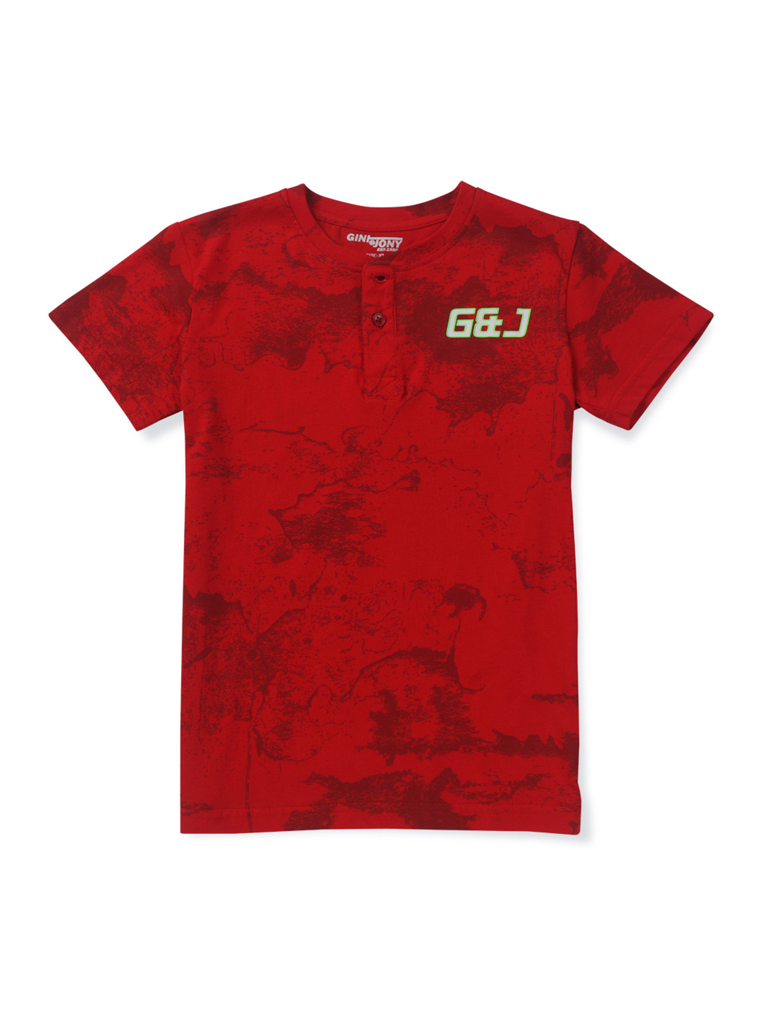 

Gini and Jony Boys Red Printed Henley Neck Cotton T-shirt