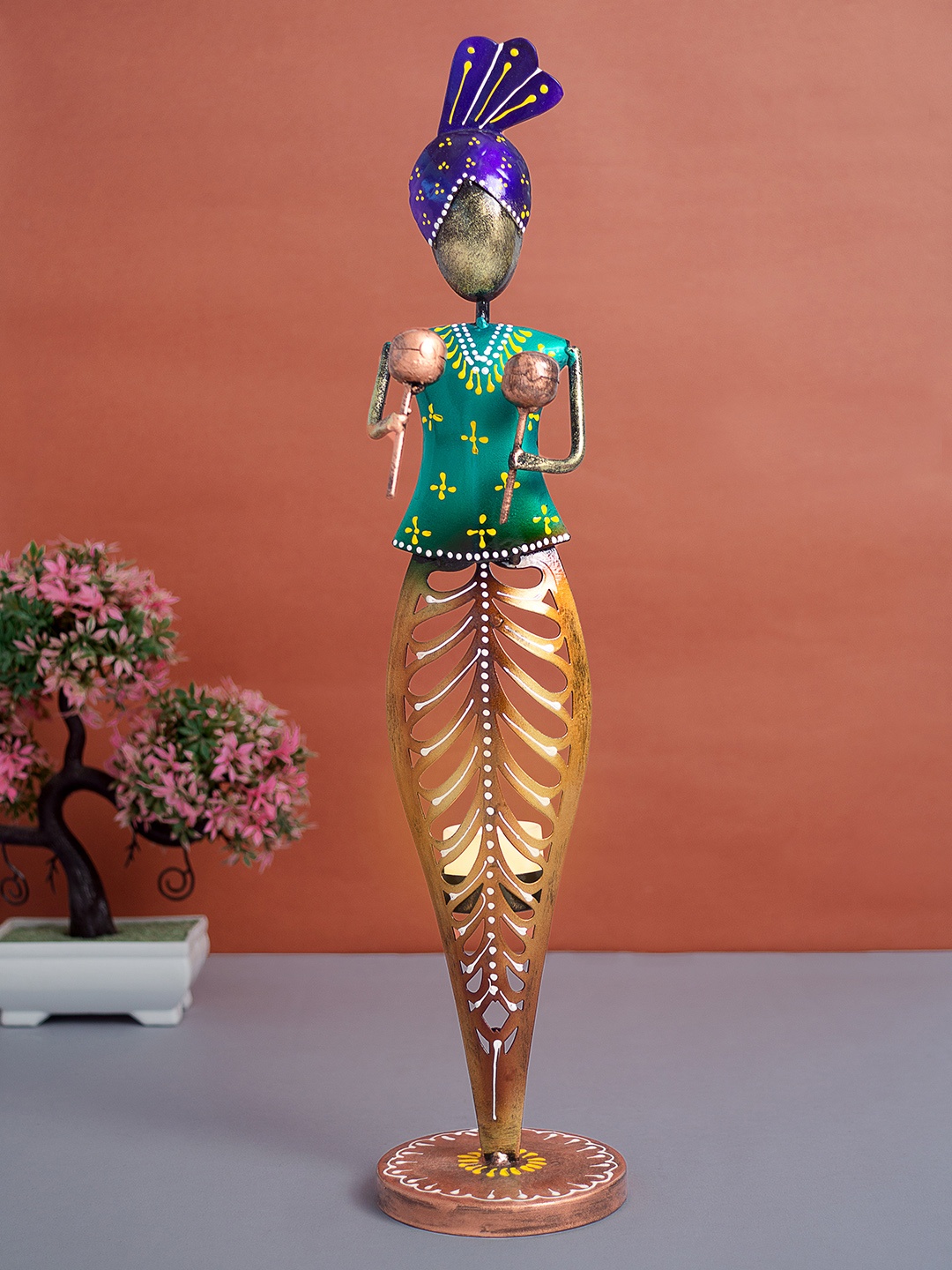 

Golden Peacock T-Light Musician Figurine Candle Holder, Multi