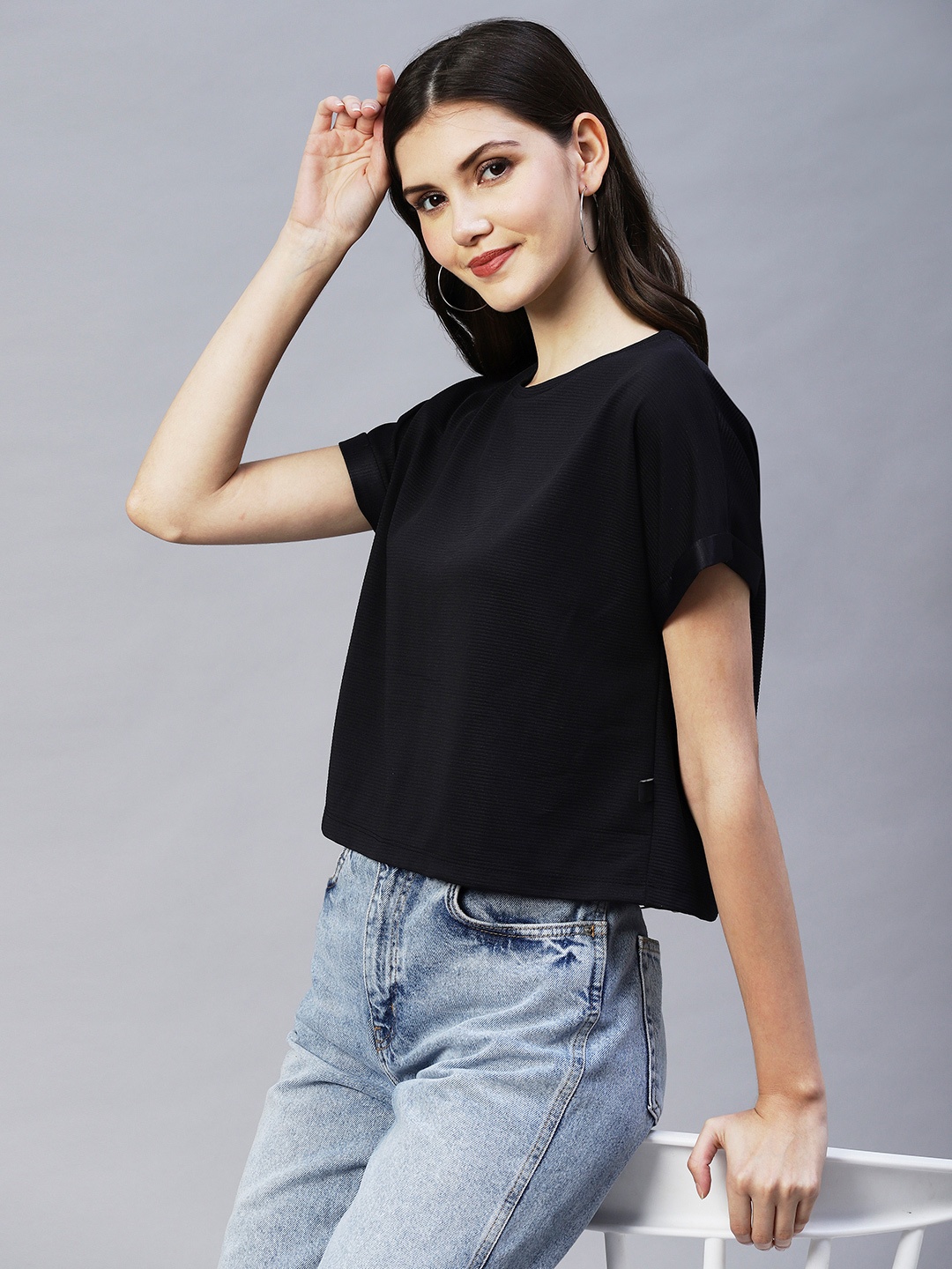 

Rigo Woman Solid Poly Corduroy Crop Top, Black