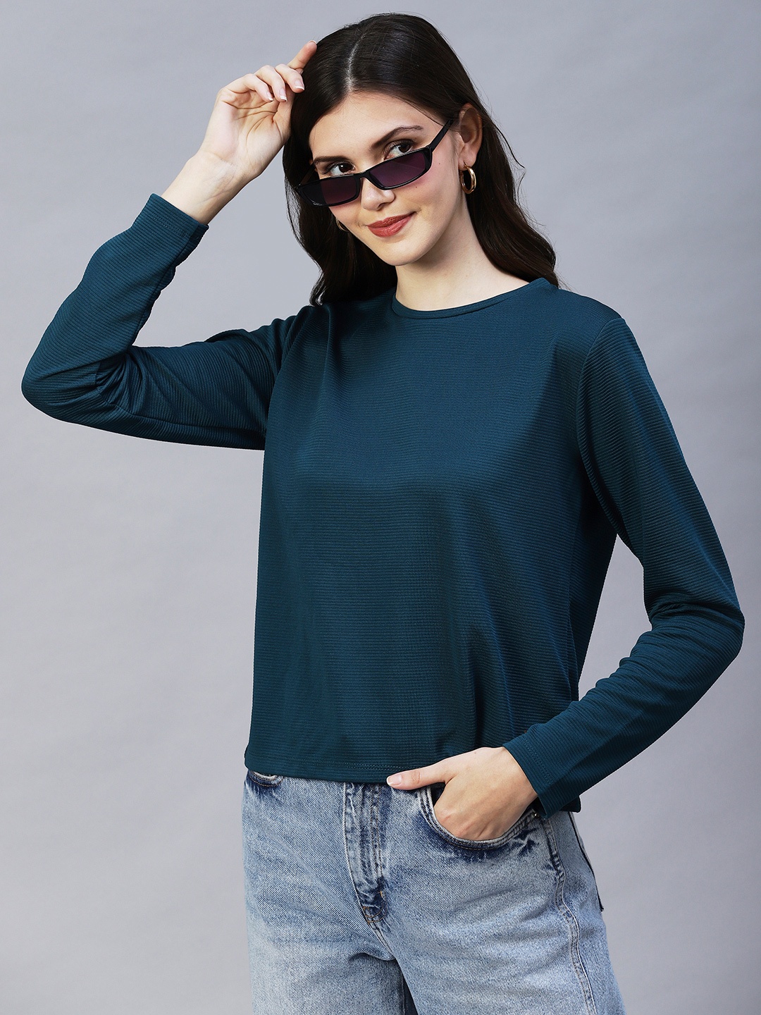 

Rigo Woman Round Neck Full Sleeves Poly Corduroy Top, Teal